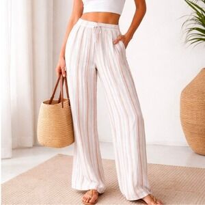 AB STUDIO Striped Wide Leg Palazzo Pants Linen Blend Drawstring Casual PXXL